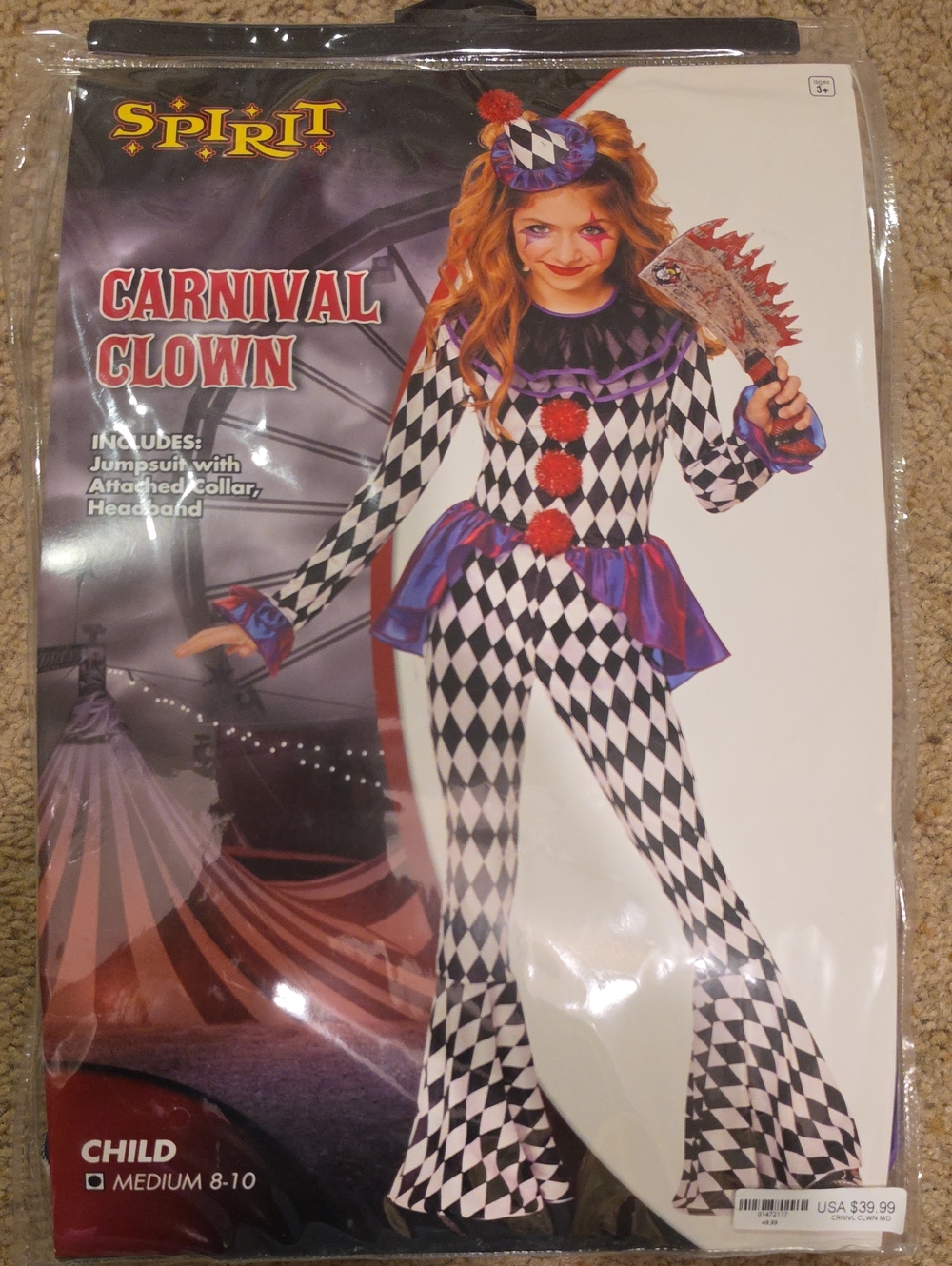 Spirit Carnival Clown Kids Costume - Black, White & Purple with Red Accents